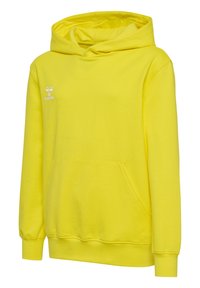 Felpa gialla con cappuccio, tasca frontale a marsupio e piccolo logo Hummel bianco sul petto a sinistra, maniche lunghe e polsini e orlo a costine.