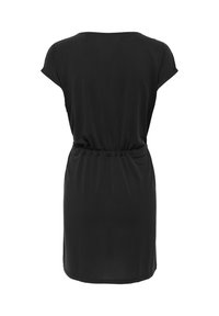 Robe noire à manches courtes avec taille élastique froncée, ourlet droit et encolure ronde simple vue de dos sur fond blanc.