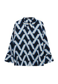 Blusa navy con un motivo geometrico in azzurro chiaro e bianco. Presenta un collo alla coreana e maniche ampie, realizzata in tessuto liscio.