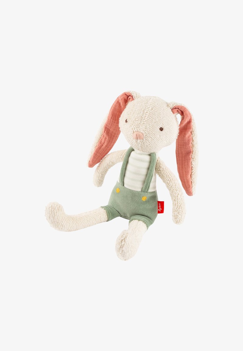 Weicher Plüschhase mit langen pinken Ohren, der grüne Latzhosen und ein gestreiftes Shirt trägt. Verfügt über einen strukturierten Körper und gestickte Gesichtszüge.