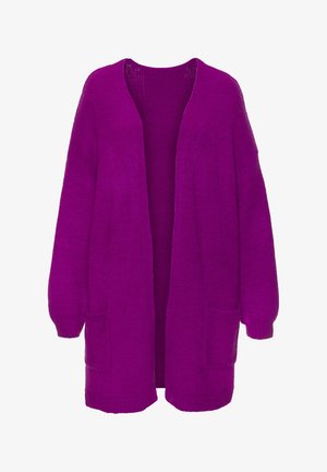 Lila Strickjacke mit offener Vorderseite, langen Ärmeln, gerippten Bündchen und zwei Fronttaschen. Weicher Stoff und entspannte Passform.