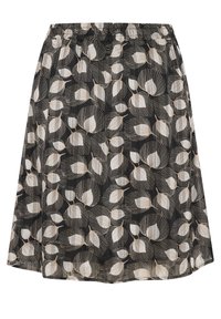 Jupe noire avec un motif de feuilles en beige et blanc, dotée d'une taille élastique et d'un tissu léger texturé.