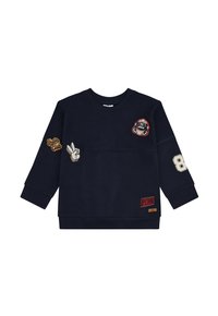 Felpa a maniche lunghe blu navy con toppe, tra cui un segno di pace, "Skate Club", un casco da astronauta, il numero 8 e il testo "YEAH!".