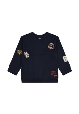 Felpa a maniche lunghe blu navy con toppe, tra cui un segno di pace, "Skate Club", un casco da astronauta, il numero 8 e il testo "YEAH!".