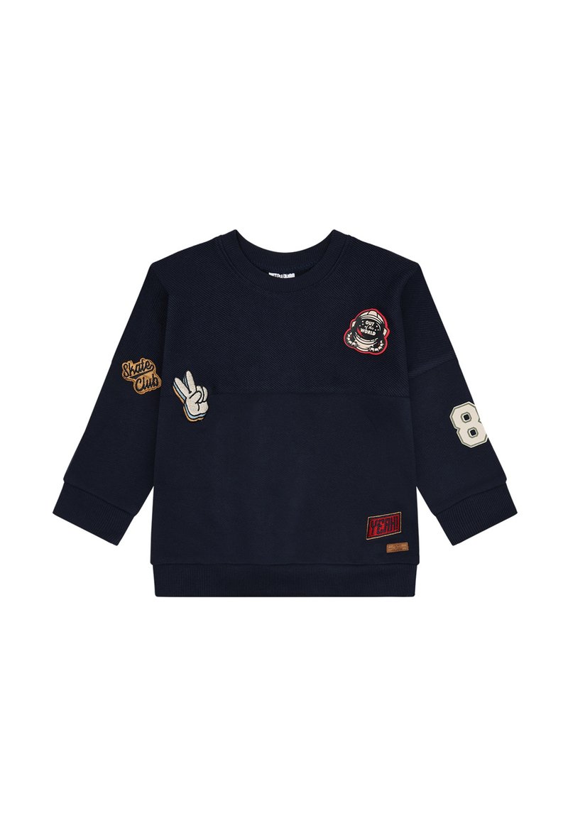 Felpa a maniche lunghe blu navy con toppe, tra cui un segno di pace, "Skate Club", un casco da astronauta, il numero 8 e il testo "YEAH!".