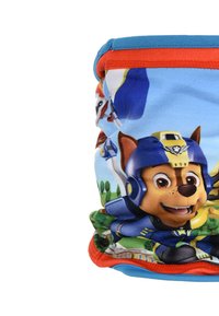 Tessuto colorato con un cane dei cartoni animati in uniforme blu e con un casco. I bordi sono rifiniti in blu e arancione.