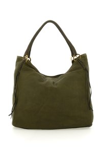 Borsa a spalla in pelle verde oliva morbida con manici corti, anelli tono oro e frange decorative in pelle ai lati.