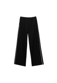 Pantalons larges noirs en tissu doux avec une taille élastique et des rayures blanches sur les côtés. Présentent une coupe ample et une texture lisse.