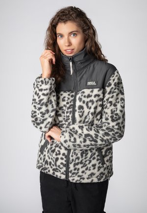 Fuzzy leopard-print jacket in white and gray, featuring a dark gray zippered collar and side pockets, with a smooth fabric upper section.