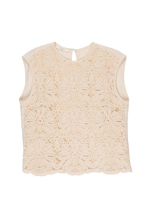 Mouwloze beige kanten top met bloemenhaakpatroon, ronde hals en sluiting met knoopje en oogje aan de achterkant.