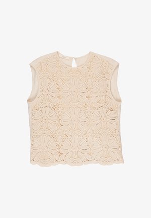 Bezrękawnik z beżowej koronki z kwiatowym wzorem szydełkowym, okrągłym dekoltem i zapięciem na guziki z tyłu w formie otworu.