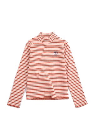 Chemise à col roulé côtelé à manches longues avec des rayures horizontales orange et blanches et une petite broderie florale bleue sur la poitrine.