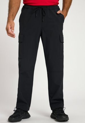 Schwarze Cargo-Hosen aus dehnbarem Material verfügen über einen Kordelzugbund, Seitentaschen und eine taillierte Passform mit sichtbaren Nahtdetails.