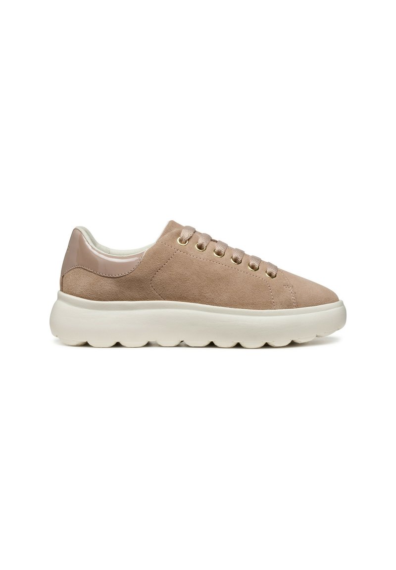 Sneaker in suede beige con suola arrotondata, occhielli dorati e un'inserto in pelle lucida sul tallone. Presenta un semplice design con lacci.