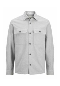 Šedá košile na knoflíky z texturované látky, s dvěma kapsami na prsou, černými knoflíky a klasickým límcem.