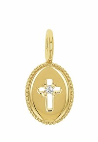 Goldenes ovales Medaillon mit einem zentralen Kreuz, das mit einem kleinen Diamantakzent verziert ist, umgeben von einer Perlenstruktur für zusätzliche Details.