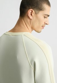 Lichtgroene sweatshirt met een geribde kraag en zijnaad. Soepele textuur met een slim-fit ontwerp, dat prominente schouderaccenten toont.