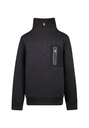 Schwarzer Pullover mit Halb-Reißverschluss, hohem Kragen und Fronttasche. Das Material ist weich und hat orangefarbene Akzente am Reißverschluss und am Ärmel.