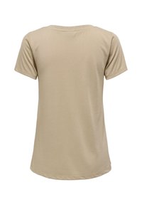 T-shirt beige à manches courtes, vu de dos, avec un col rond et un tissu uni.