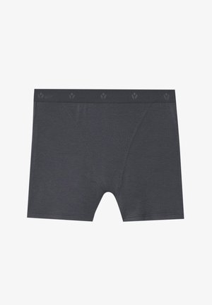 Men's boxer briefs in dark grey, made from a soft, stretchy fabric. Features a logo-printed waistband and a snug fit with a mid-length cut.