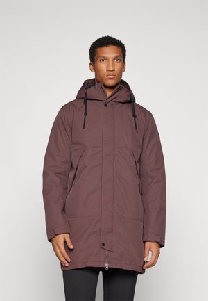 Bordo parka jakna s kapuljačom, zatvaranjem na zip i dva prednja džepa, glatke teksture i podesivim vezicama.