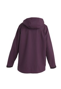 Fioletowa wodoodporna kurtka z kapturem, o gładkiej fakturze, z długimi rękawami i regulowanymi mankietami. Tylny widok bez widocznych zapięć.