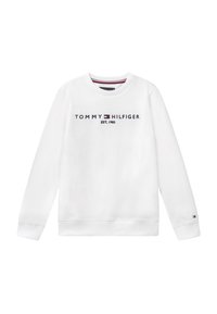 Weißes Sweatshirt mit Rundhalsausschnitt und langen Ärmeln, mit dem "TOMMY HILFIGER"-Logo in Marineblau und roten Akzenten, aus einem Baumwollmischgewebe gefertigt.