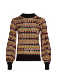 Gestrickter Pullover mit einem mehrfarbigen Zickzackmuster in Gelb, Grün, Rot und Schwarz. Lange Ärmel mit gerippten Bündchen und Halsausschnitt.