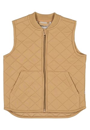 Beige quiltet ærmeløs vest med frontlynlås, ribbet krave og to forlommer med diamantstingsmønster.