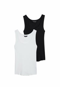Two sleeveless ribbed tank tops in black and white, featuring round collars and a soft cotton blend fabric.