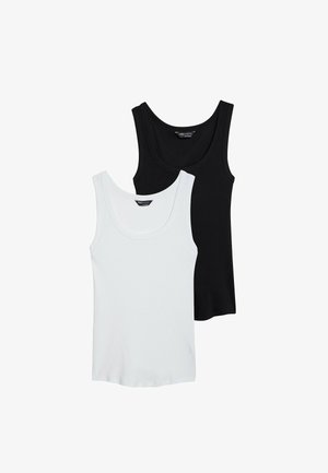 Zwei ärmellose, gerippte Tanktops in Schwarz und Weiß, mit runden Kragen und einem weichen Baumwollmix.
