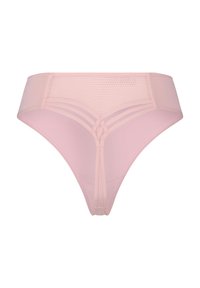 String rose transparent avec un panneau en mesh, doté de fines bretelles et d'un design de taille texturé. Tissu doux avec une finition lisse.