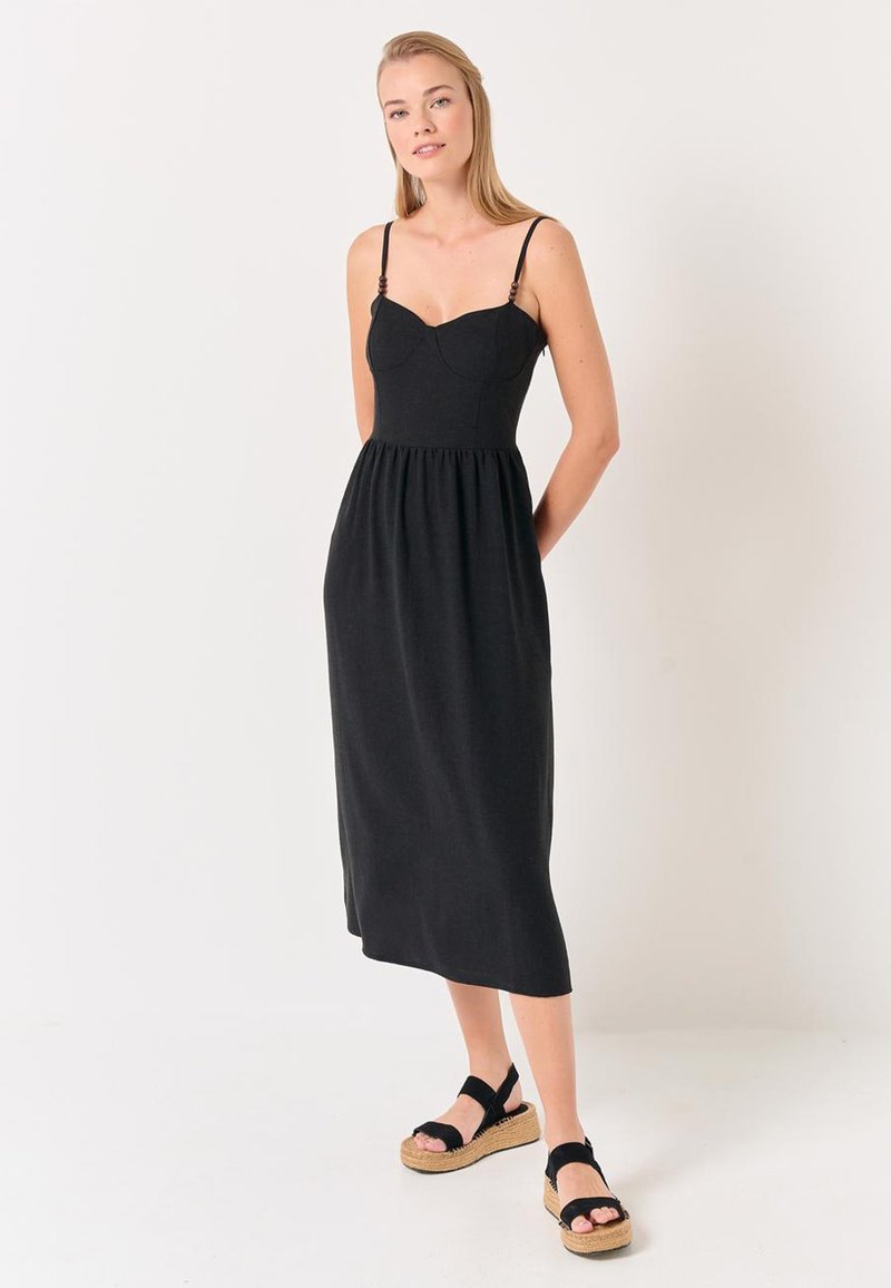 Abito midi nero con scollatura a cuore, spalline sottili regolabili e vita arricciata. Abbinato a sandali con piattaforma neri.