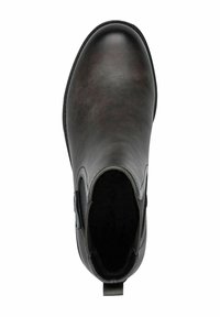 Botín de cuero negro hasta el tobillo con textura suave, puntera redondeada, paneles laterales elásticos y una lengüeta en la parte posterior para facilitar el uso.