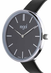 Minimalistisch zwart horloge met zilveren wijzers en uurmarkeringen, zwarte leren band, zilveren kast, toont de tijd om 10:10.