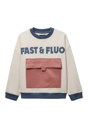 Sweat-shirt crème avec col et poignets côtelés bleus, grande poche avant rose, et texte "FAST & FLUO" en bleu sur la poitrine.