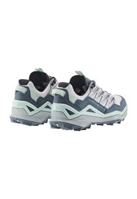 Hiking shoes with a blue and white design, featuring textured suede and mesh materials, rubber soles, and a secure lace system.