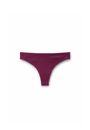 Bordeauxfarbene Stringunterwäsche aus weichem Stoff, mit minimalistischem Design, niedrigem Bund und dünnen Seiten. Keine Muster oder Akzente.