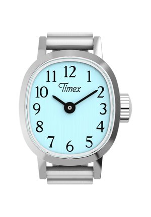 Montre-bracelet en argent avec cadran bleu clair, chiffres arabes noirs et aiguilles indiquant 10h10, bracelet en acier inoxydable et couronne sur le côté droit.