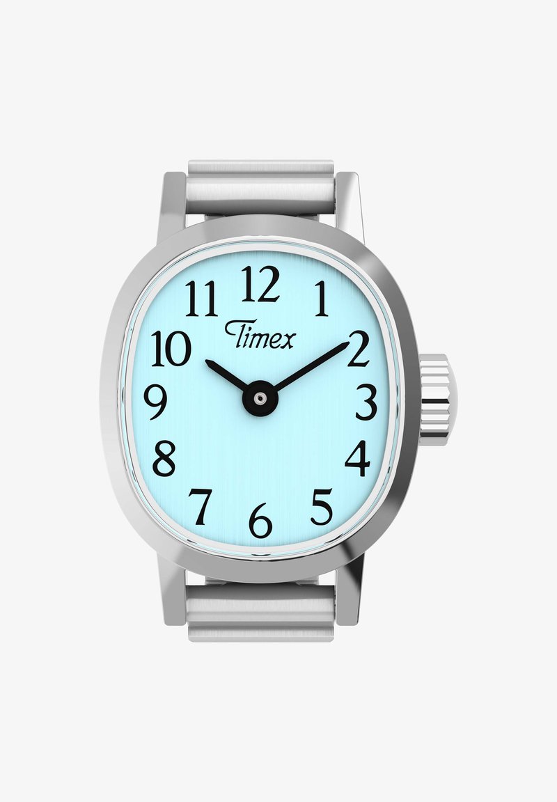 Montre-bracelet en argent avec cadran bleu clair, chiffres arabes noirs et aiguilles indiquant 10h10, bracelet en acier inoxydable et couronne sur le côté droit.