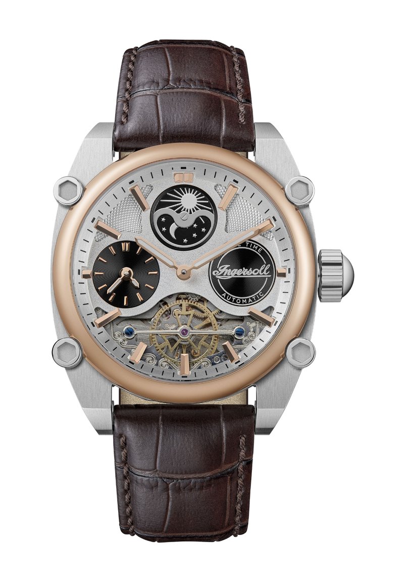 Zilveren roestvrijstalen horloge met een roségouden bezel en een bruine krokodillenleren band. Bevat twee sub-dials, ingewikkelde tandwielen en een gestileerd wijzerplaat.