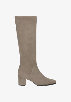 Khaki Wildleder-Kniehohe Stiefel mit spitzem Zehenbereich und Blockabsatz, der eine glatte Textur und minimalistische Nähte aufweist.