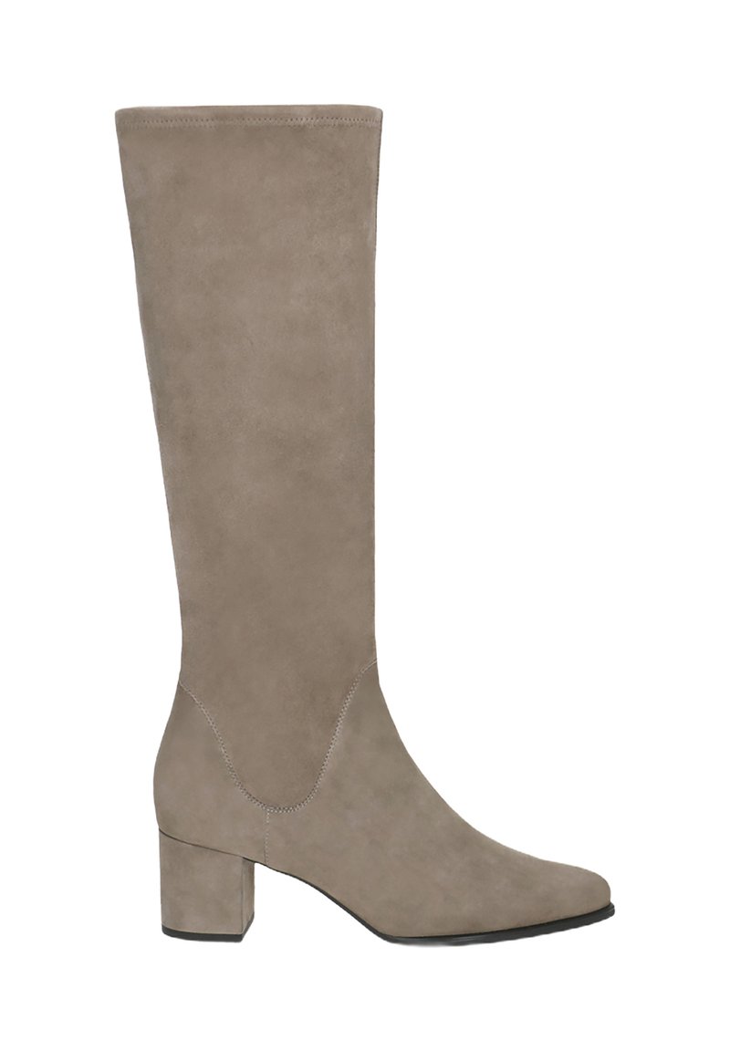 Khaki Wildleder-Kniehohe Stiefel mit spitzem Zehenbereich und Blockabsatz, der eine glatte Textur und minimalistische Nähte aufweist.