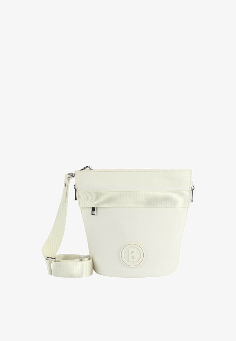 Borsa a secchiello bianca con una tracolla testurizzata a coste, un accento rotondo con il logo e una chiusura a zip. Realizzata in materiale liscio. Tracolla regolabile.