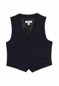 Gilet formale blu navy con quattro bottoni neri, due tasche frontali a filetto e foderato in satin, taglia per bambini di 5-6 anni.