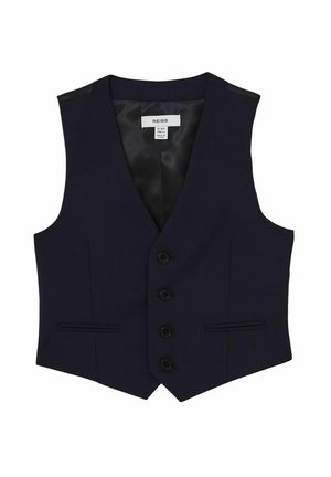 Tengerészkék elegáns mellény négy fekete gombbal, két elülső zsebeléssel és selyem béléssel, 5-6 éves gyermekek számára.