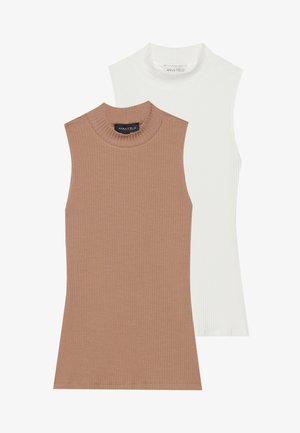 Two sleeveless tops: one beige and one white. Both feature a ribbed texture and high neck design, with a clean, modern cut.