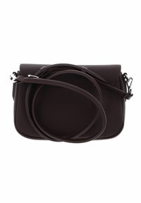 Borsa a tracolla marrone realizzata in materiale texturizzato, con chiusura a patta e tracolla regolabile. Bordo liscio e design minimalista.