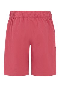 Roze geweven shorts met een elastische tailleband, met een zijzak en een gestructureerd oppervlak. Middelste van de dij lengte met een ontspannen pasvorm.