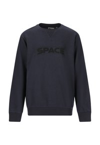 Marineblå sweatshirt med struktureret stof. Har et stort sort "SPACE" logo på forsiden samt ribbede manchetter og kant.